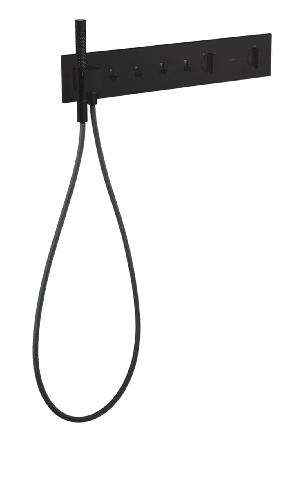 Schwarzes Thermostatmodul von AXOR mit integrierter Handbrause und zwei Steuerknöpfen für die Regelung von vier Wasserverbrauchern. Simple Wandmontage.
